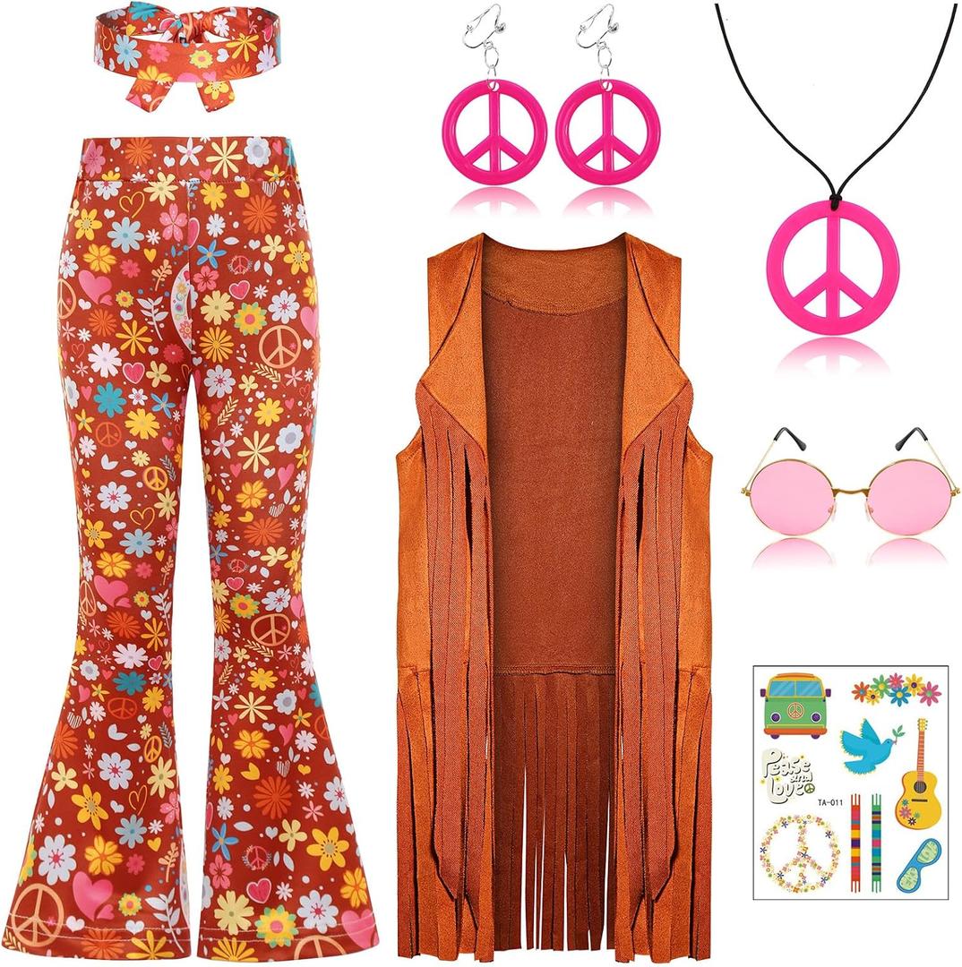 Hippie Costume for Girls Kids 60s 70s Outfits Costume Halloween Dress Up Party (4-6 Years, Brown)