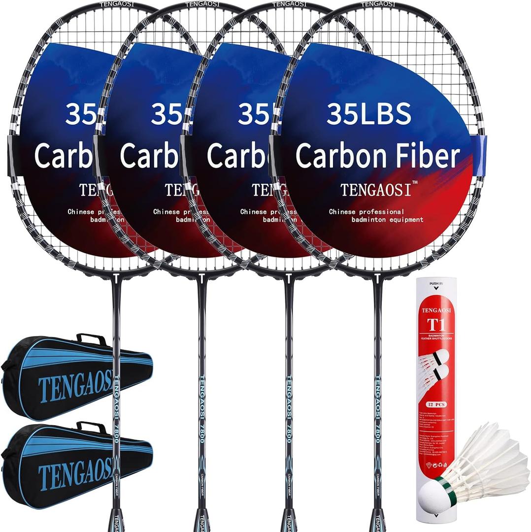 Professional Badminton Rackets Set of 4 Sports Outdoor Backyard or Indoor Badminton Game Set with Shuttlecocks- Includes 4 Black Rackets, 12 Duck Feather Badminton Shuttlecocks, One Size