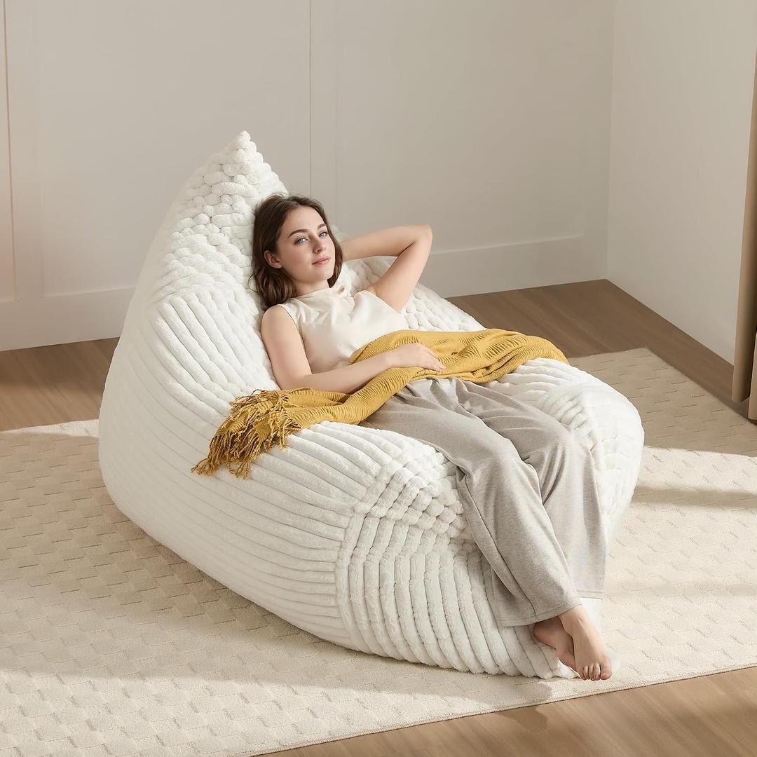 3-in-1 Giant Bean Bag Chair for Adults & Kids, Convertible Floor Sofa to Mattress, High-Density Foam Chair Bed with Washable Cover, Multi Functional Lounge Couch for Bedroom, Living Room (Beige)