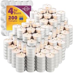 MontoPack Unscented Tea Light Candles 200 Pack | 4 Hours, White, Smokeless, Dripless Small Votive Paraffin Tealights | Long-Lasting for Home, Shabbat, Weddings, Events, Emergencies | Mini Candles Bulk