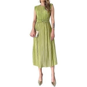 Pleated Maxi Dress Wedding Guest Cocktail Shoulder Pad Crewneck Sleeveless Front Twisted Elegant A-Line Dress, XL