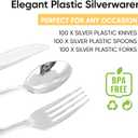 FOCUSLINE 300 Pack Silver Plastic Cutlery Set - 100 Forks, 100 Knives, 100 Spoons - Disposable Flatware Heavy Duty Plastic Silverware Set for Catering, Parties, Dinners, Weddings