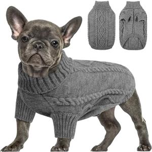 Queenmore Small Dog Pullover Sweater, Cold Weather Cable Knitwear, Classic Turtleneck Thick Warm Clothes for Chihuahua, Bulldog, Dachshund, Pug (Slate Grey, Large)