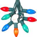 25 Foot C9 Multi Ceramic Christmas String Light Set  Opaque Bulbs  Roofline Light String  Green Wire