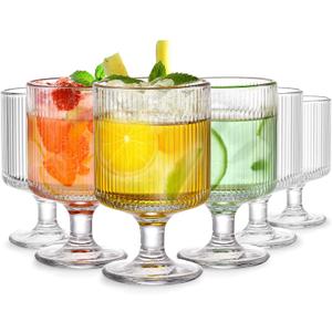 DEAYOU Set of 6 Ribbed Vintage Wine Glasses, 8 oz Clear Fluted Water Goblet Glasses, Unique Short Stem Cocktail Glasses for Iced Tea, Juice, Whiskey, Beer, Dessert, Party