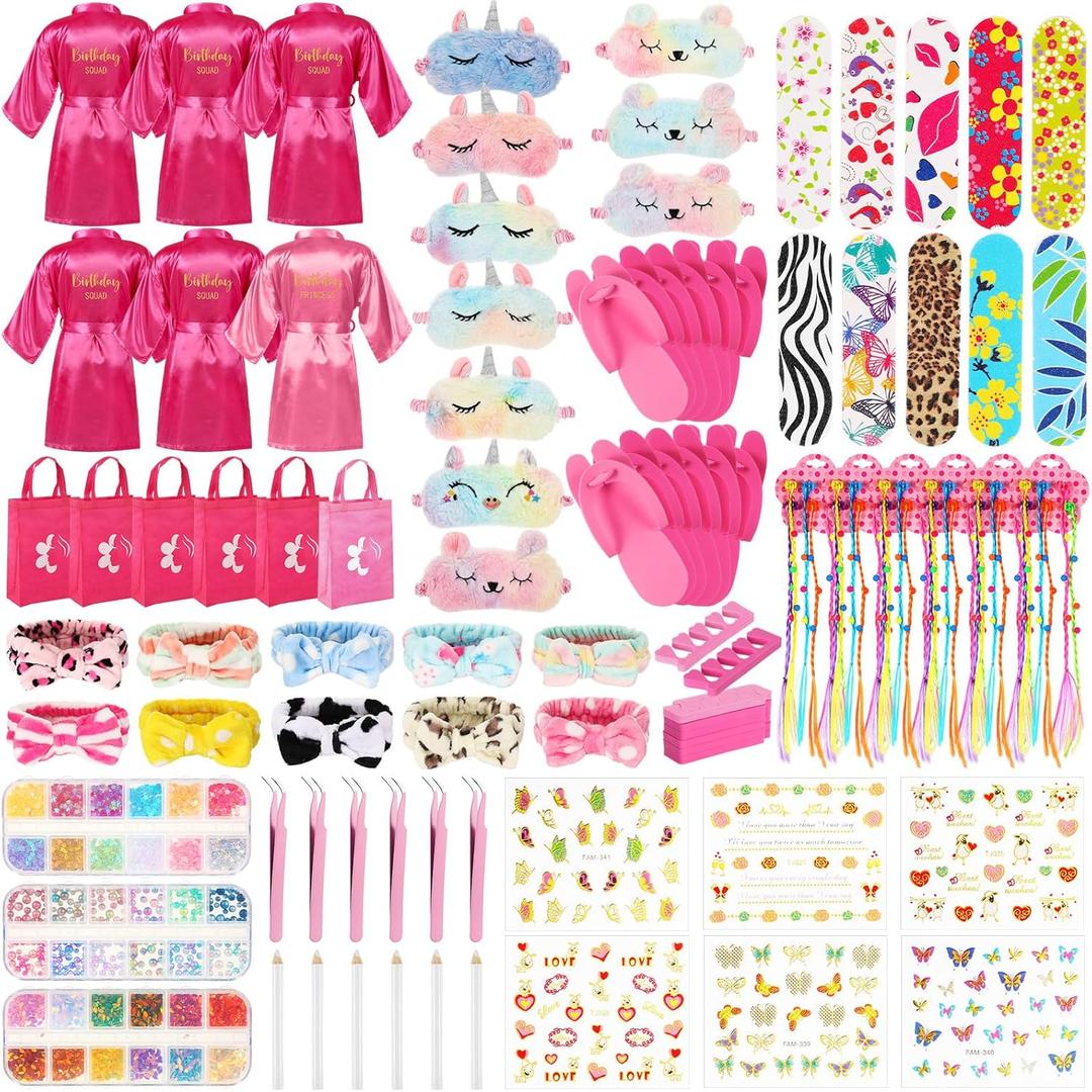Suhine 6 Sets Girls Spa Birthady Party Supplies Birthday Print Satin Robe Tote Bags Spa Kit Nail Salon Kit (Cute Color)