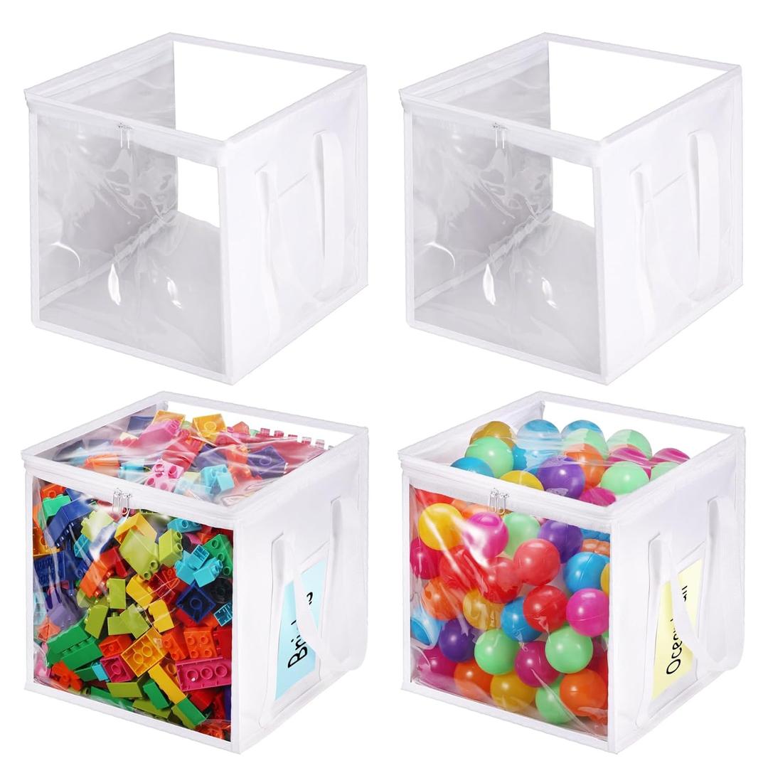 4 Packs Large Toy Storage Bins 12" Clear Zippered Storage Bags with Handles, Transparent PVC Storage Bags, Foldable Cube Storage Organizer for Building Blocks, Toys, Clothes,Towel, Kids Playroom (White)
