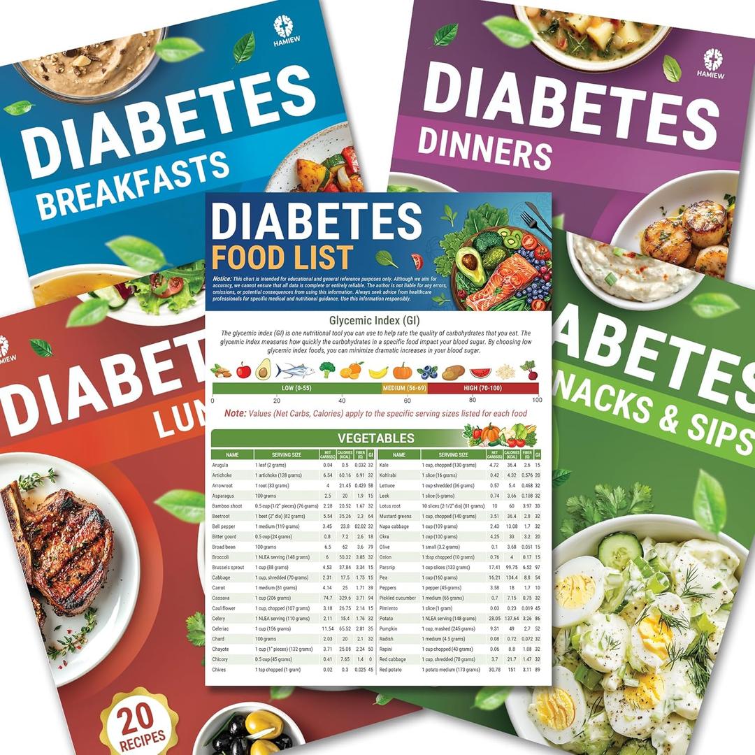 HAMIEW 5 Pack Diabetes Food List Chart & 80+ Meal Planner Recipes for Beginner, Laminated Diabetes Diet Plan for Type 1 & 2, Food To Eat - Avoid w/Serving Size, Glycemic Index (GI), Net Carbs Calories
