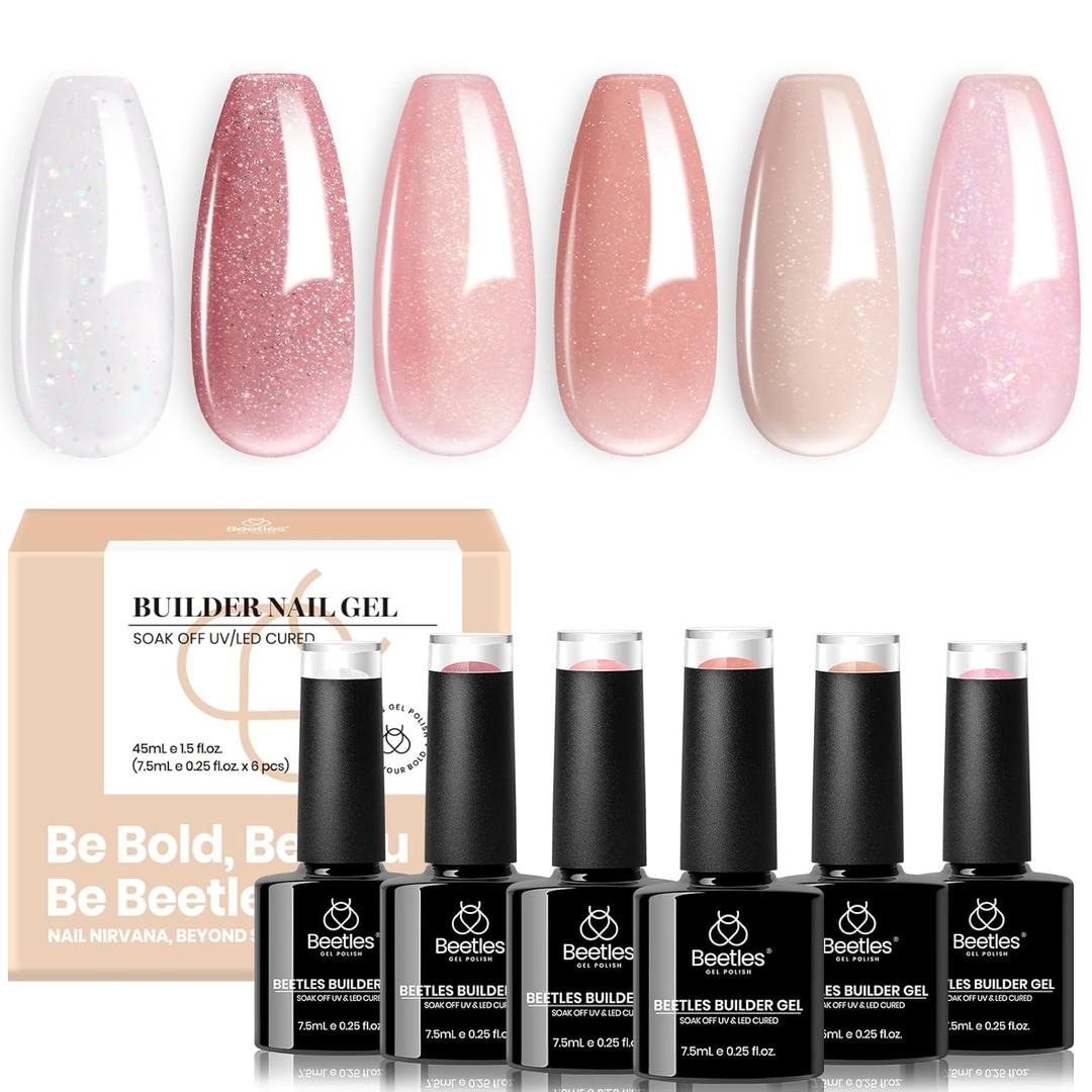 Beetles Builder Gel Set, 6 Colors Glitter Shimmer 7 in 1 Nude Pink White Nail Thickening Strengthening Building Apex for Beginner DIY Salon at Home, Shimmer Builder Nail Gel, UV & LED Lamp Cured Needed