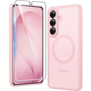 FNTCASE for Samsung Galaxy S26 Case: Magnetic Matte Phone Cases with Screen Protector Drop Proof Compatible with Magsafe Slim Rugged Shockproof Protective Translucent Cell Cover (C-Frosted Pink)