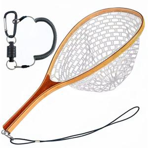Fly Fishing Net Landing Trout Net Bass Soft Rubber Catch and Release Fish Net with Wooden Handle Frame Magnetic Fly Fishing Accessories Fly Fish Net