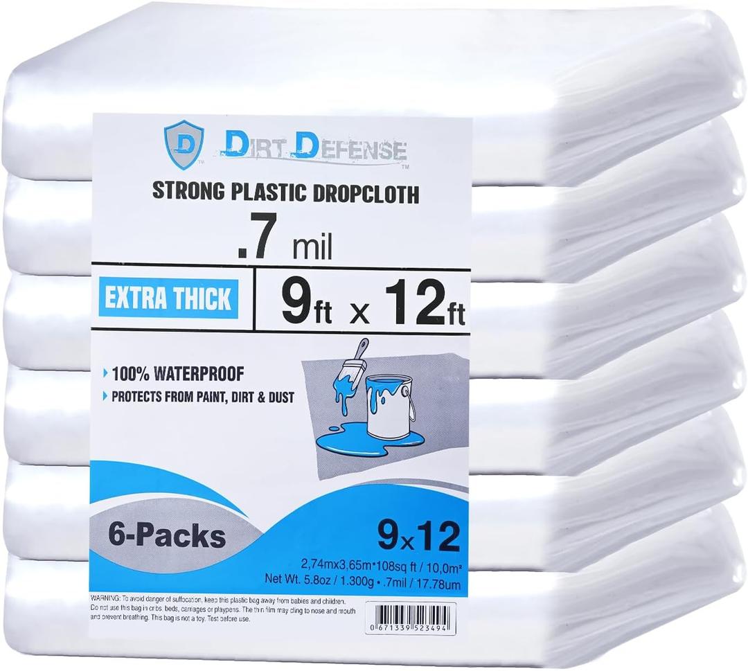 Dirt Defence Plastic Drop Cloth, 9x12 Ft Plastic Sheeting for Painting, Waterproof & Dust-Proof,Tear-Resistance Plastic Tarp for Painting, Floor, Furniture Cover Thick & Durable (6 PCS)
