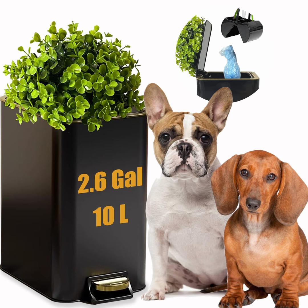 Yatmung Small Metal Trash Can with Lid - Dog Poop Trash Can Outside with Pedal - 10 Liters Pet Waste Container Outdoor - Plant-Styled Poop Bucket - 2.6 Gal Stainless Steel Garbage Bin - Black and Gold