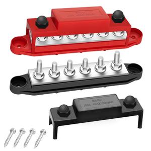 250A Bus Bar 12V Marine 1/4" Power Distribution Block Automotive Busbar Terminal Block,Battery Buss Bar (Pair, Red & Black) 6 x 1/4" Post Terminals