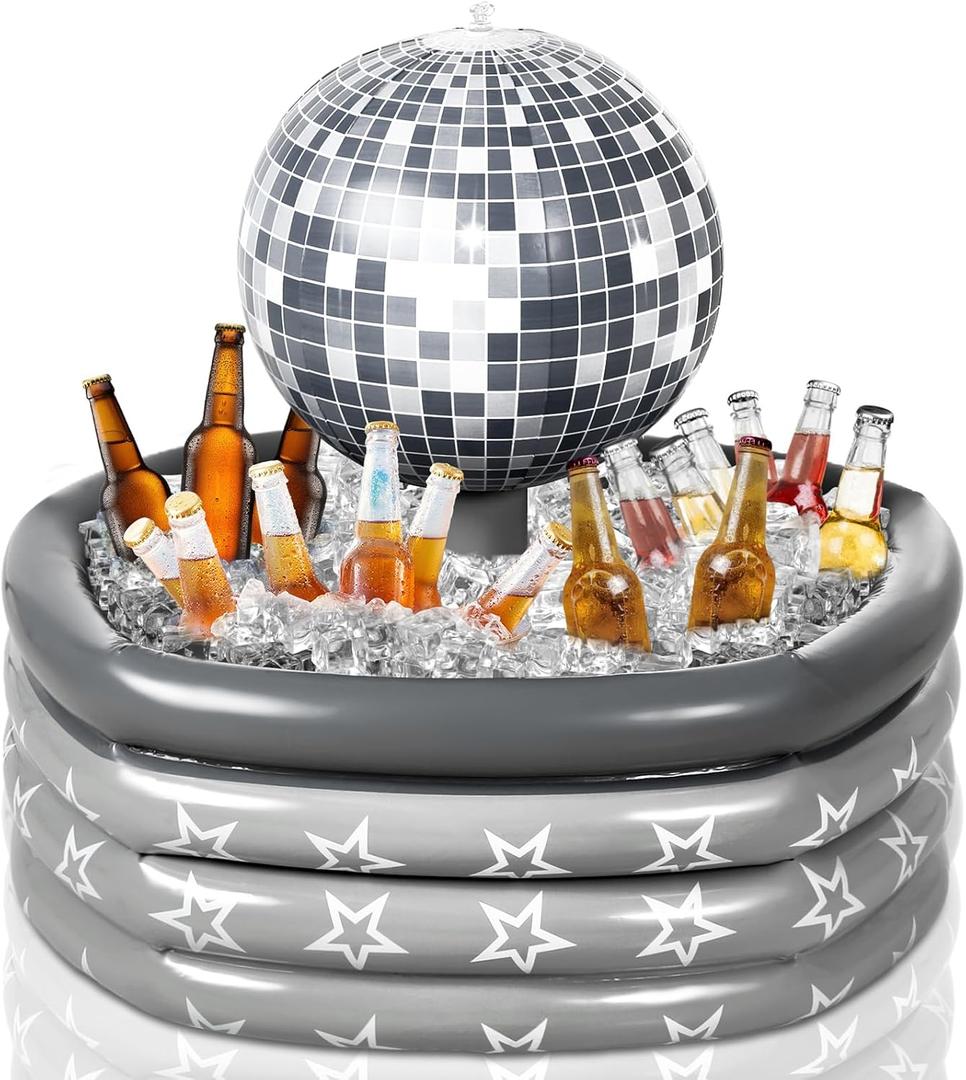 Bencailor Disco Ball Inflatable Cooler Inflatable Drink Cooler Disco Party Decoration PVC Blow up Ice Serving Buffet Bar for Summer Pool Party, 29.53 x 25.24 Inch