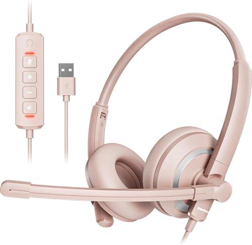 awatrue USB Headset with Microphone for PC - Lightweight & Comfortable Pink Computer Headset for Office, Call Center, Remote Work - Includes Carry Pouch (Clear Audio)