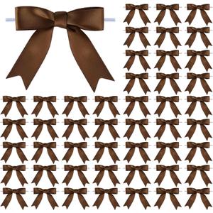 50 Pcs 3 Inches Twist Tie Satin Ribbon Bows Brown Pretied Premade Craft Bows for Treat Bags Gift Wrapping Basket Wedding Baby Shower Brithday Christmas Party (3", Brown)