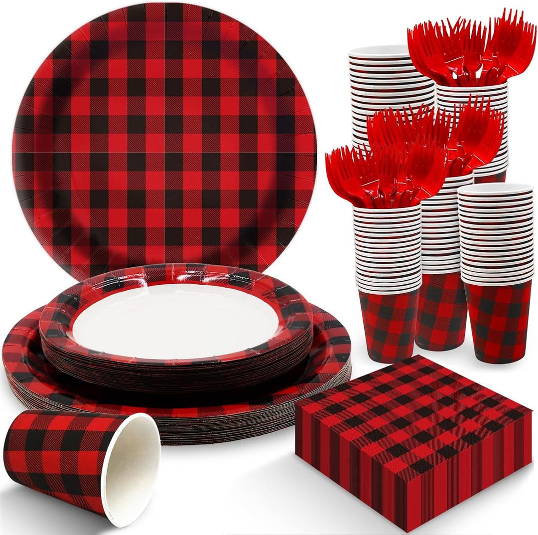 EggSun Red and Black Gingham Plates and Napkins Party Supplies, Red Disposable Tableware Set, Checkered Plaid Paper Plates for Birthday Family Dinner Picnic Barbecue Baby Shower Decor Serves 25