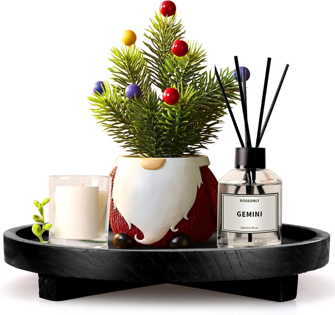 Black Wooden Decorative Tray for Home Decor Sink Vanity Trays Bathroom Accessories Perfume Soap Trays Countertop Wood Riser for Kitchen Counter Candle Pedestal Stand Round Coffee Table Tray