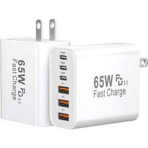 USB C Fast Charger Block, 65W GaN 6 Port USB C Wall Charger 30W Type C Charging Blocks, 3USB C+3USB A PPS/PD 3.0 Multiport Charging Cube for iPhone 17 16 15 14 Pro Max,for Galaxy S25 S24, iPad, 2 Pack