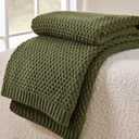 Olive Green Throw Blanket, Knit Throw Blanket for Couch, Soft Cozy Warm Reversible Lightweight Decorative Moss Stitch Cable Knitted Blankets for Bed, 60x80 Inches, Olive