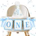 Blue Bow ONE High Chair Banner and Hat for Boy-1st Birthday Decorations-High Chair Banner Set with One Year Old Hat-Boy First Birthday Decorations