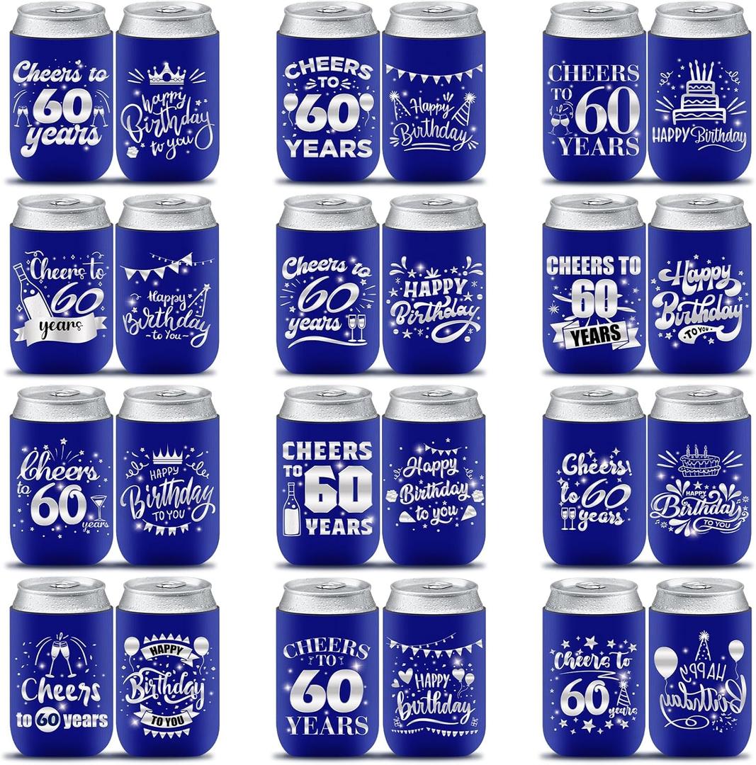 60th Birthday Can Cooler Sleeve Decorations, 24PCS 60th Party Favors for Men Women Blue & Silver Happy 60th Birthday Anniversary Party Supplies Decor Gift Beverage Cup Bottle Can Cover Personalized