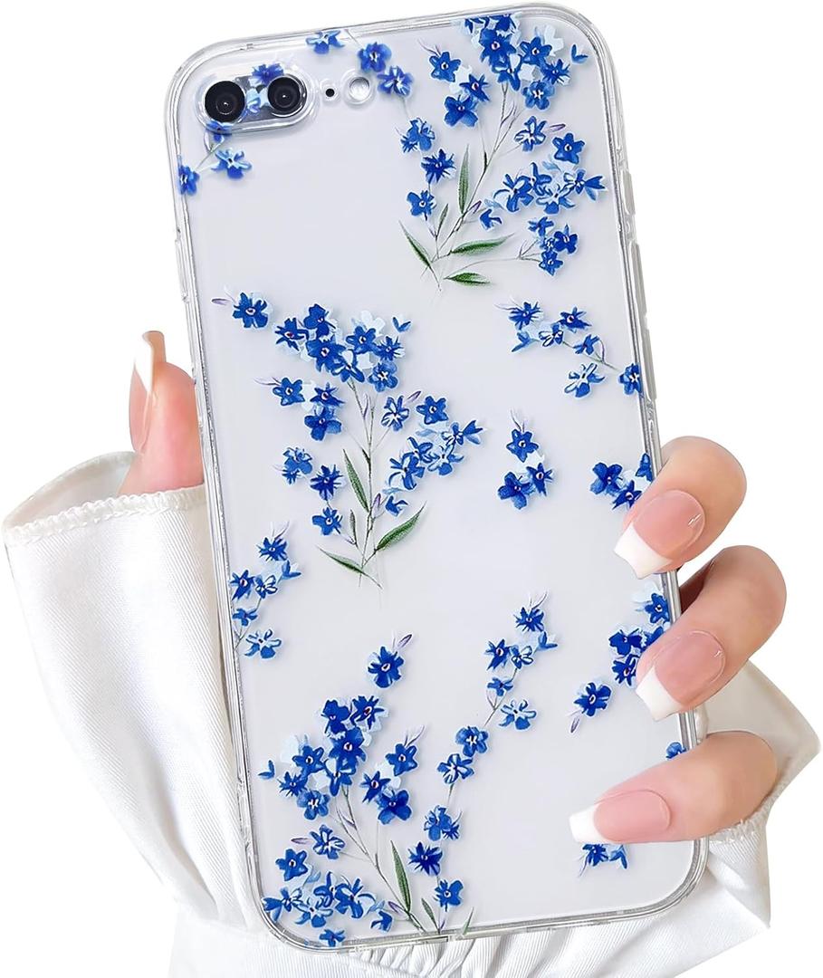 NITITOP Compatible with iPhone 7 Plus / 8 Plus Case Cute Clear Flower Floral Artistic Design for Women Girls Stylish Slim Soft TPU Shockproof Protective Girly Phone Cover - Blue