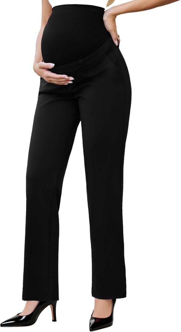 Ecavus Maternity Pants Over the Belly Seamless Stretch Work Pants Dual Length Pregnancy Office Dress Pants with Pockets (Medium, Black-long)