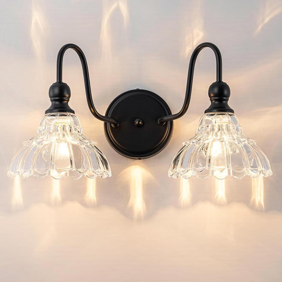 Vintage Bathroom Light Fixtures Over Mirror, 2-Light Black Wall Sconce Lighting with Flower Glass Shade, Farmhouse Vanity Lights for Bedroom Kitchen Living Room Hallway Light