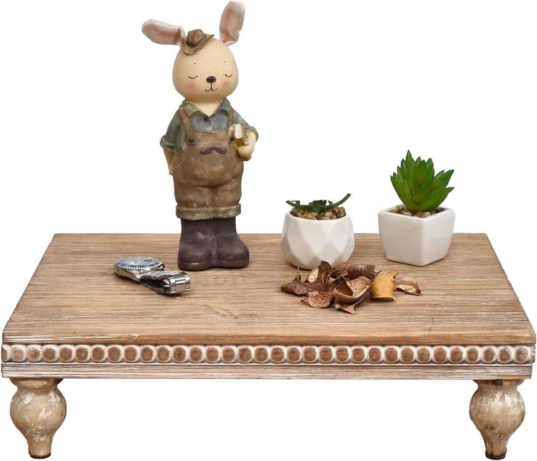 SwallowLiving Farmhouse Wood Riser for Display Decorative, Rustic Shabby Chic Tray for Kitchen Counter, Coffee Bar Table, Dining Room, Wooden Rectangle Beaded Pedestal Stand for Food, Natural