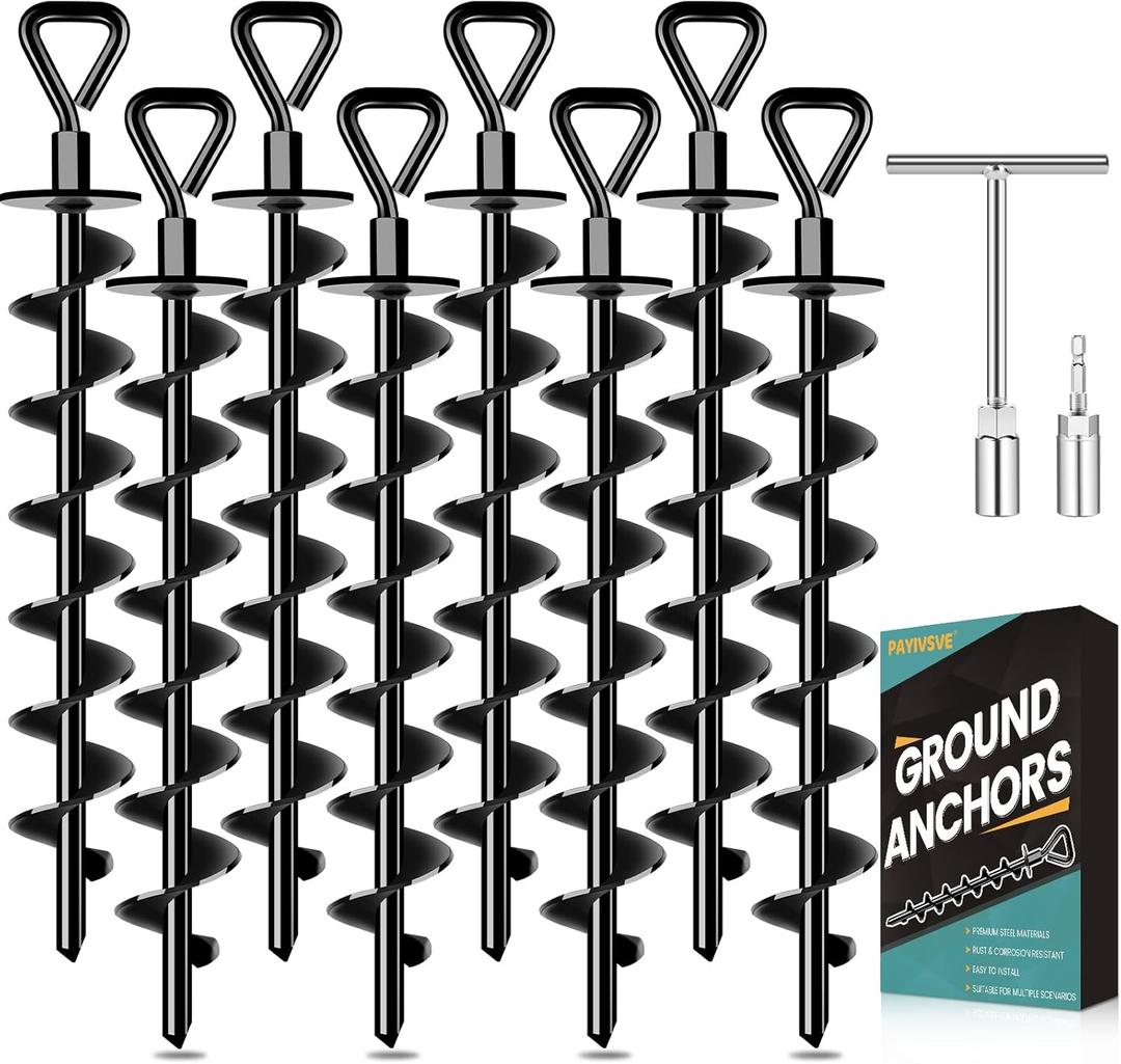 Ground Anchors Screw in, Heavy Duty Ground Trampoline Stakes High Wind Tent Stakes for Tent, Trampoline, Gazebo, Carport, Trap Anchor, Canopies, Swing Set (8x15", Black) Ground Anchors Screw in, Heavy Duty Ground Trampoline Stakes High Wind Tent Stakes for Tent, Trampoline, Gazebo, Carport, Trap Anchor, Canopies, Swing Set (8x15", Black)