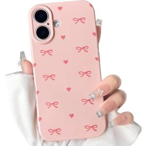 NITITOP Compatible for iPhone 17 Case Cute Aesthetic Love Hearts Bow Knot Pattern for Women Girl Bowknot Slim Fit TPU Bumper Shockproof Full Camera Protection Cover - Pink