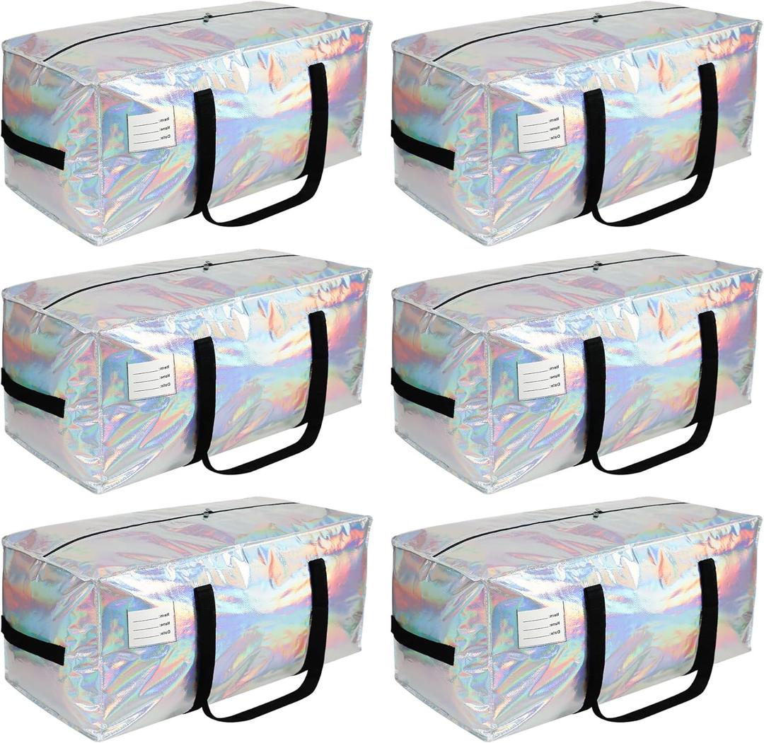 VTSVTS 6 Pack Extra Heavy Duty Large Moving Bags with Comfortable Handle & Strong Zipper,Storage Totes for Space Saving Moving Storage College Supplies Alternative to Moving Box,Iridescent