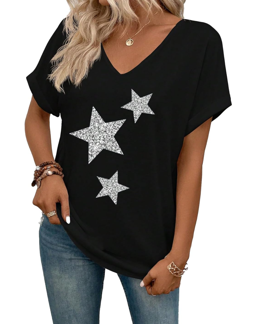 SweatyRocks Women's V Neck Dolman Short Sleeve Star Print Tee Shirts Summer Tops, M