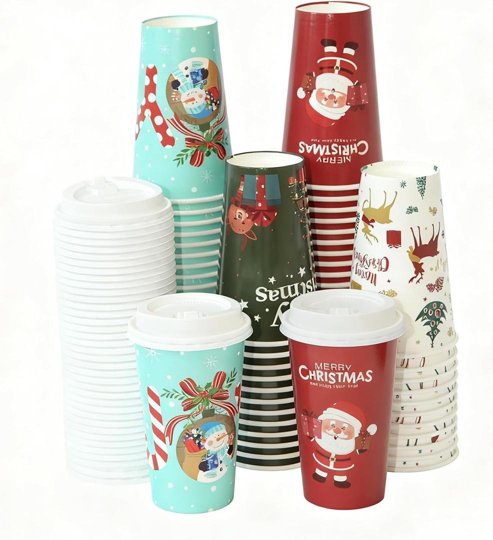 100 Pack 16 Oz Christmas Disposable Coffee Cups with Lids, To Go Coffee Cups Thickened Christmas Paper Cups for Hot Chocolate Tea Cocoa, Xmas Party Cups for Adult, Party, Holiday