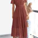 PRETTYGARDEN Womens 2026 Summer Maxi Dress Short Sleeve V Neck Hollow Out Eyelet A Line Long Flowy Beach Vacation Dresses (Silver, L)