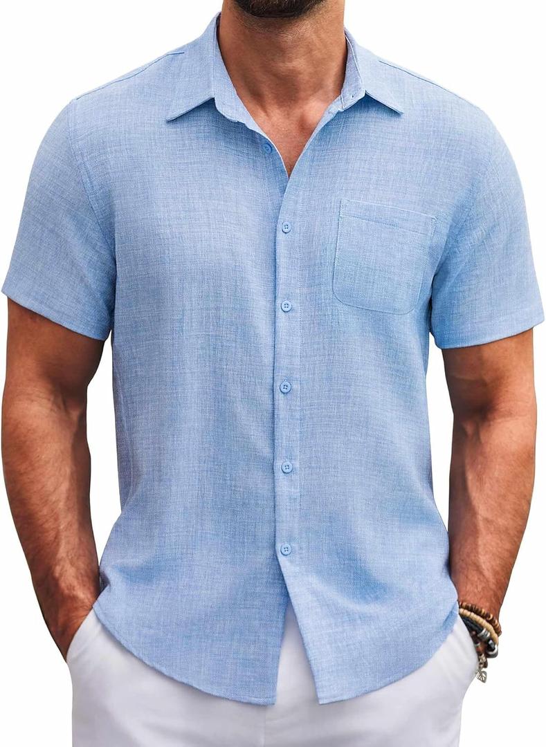 COOFANDY Mens Button Down Short Sleeve Shirts Casual Textured Shirt with Pocket Summer Beach Wedding Shirts (Clean Blue) Size: XL
