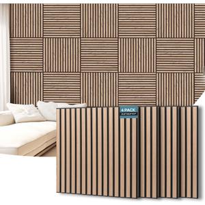 AKUMAX Extra-Thick 0.7" Wood Slat Acoustic Wall Panels, 4 Pack 23.6" x 23.6", NRC 0.80 Sound Absorbing, Fire-Retardant, FSC-Certified, for Home Office, Studio & Living Room, Walnut