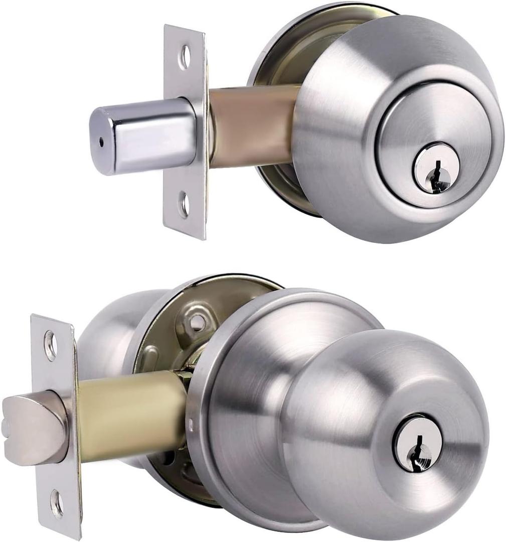 Cielsa Dawn Door Knobs Exterior Door Lock Set with Deadbolt, Single Cylinder Deadbolt Door Locks with Keys, Keyed Alike (Satin Nickel, Door Knob and Deadbolt)