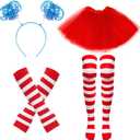 4Pcs Red and Blue Layered Tulle Tutu Costumes Set with Ponytail Headband Fingerless Gloves Knee High Socks for Women