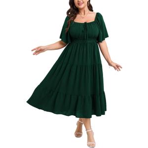 SCOMCHIC Women's Plus Size Summer Dresses Square Neck Short Sleeve A Line Wedding Guest Cocktail Boho Flowy Maxi Dress Emerald Green 4XL