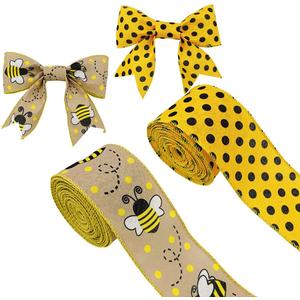 12 Yards Bumble Bee Ribbons Bee Wired Edge Ribbon Honeybee Decorative Ribbons for Wrapping Floral Hanging Ornaments Home Decoration