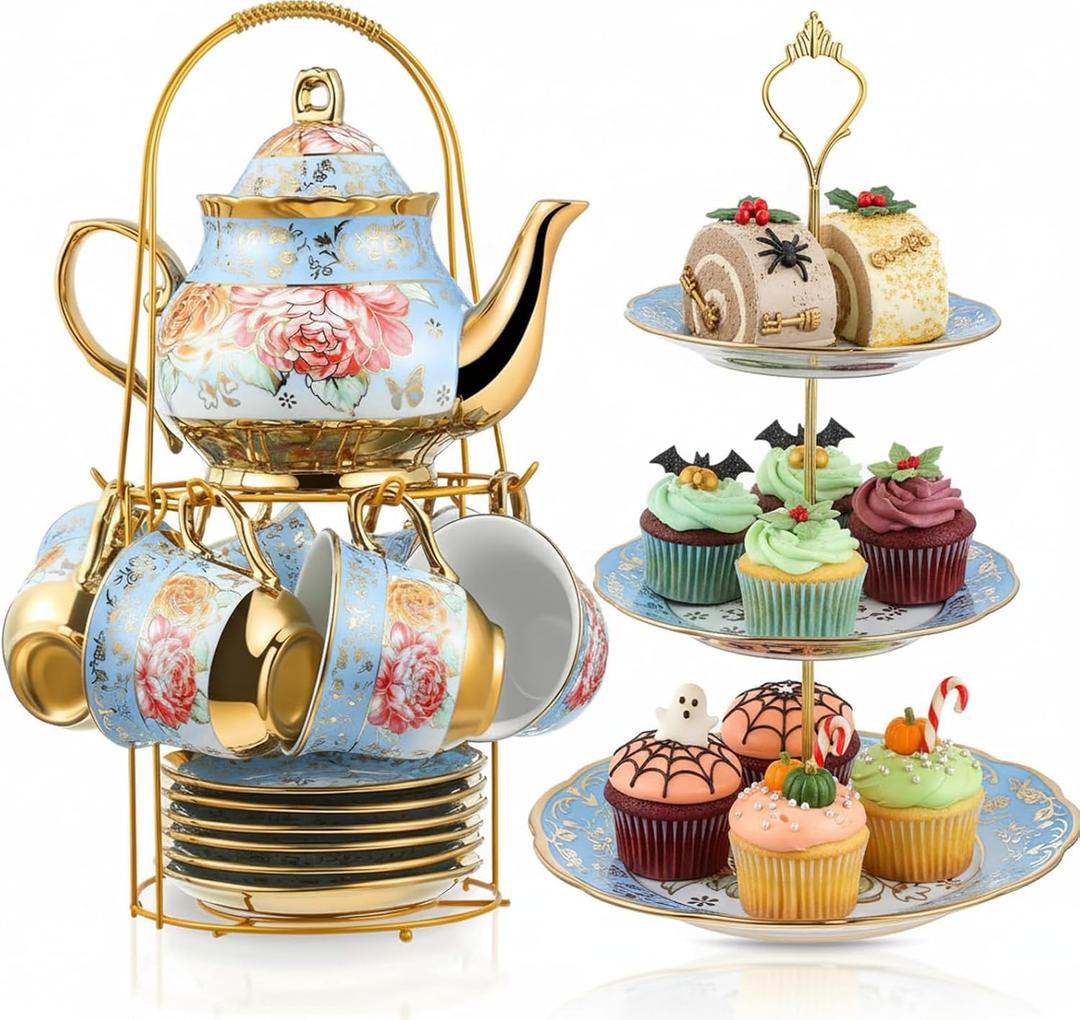 21 Pcs Porcelain Tea Set for Women Tea Party with Metal Holder and 3 Tier Cake Stand Ceramic European Floral Teapot Set for Adults Mother's Day Christmas Thoughtful Gift(Advanced Style)