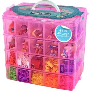 Bins & Things Bead Organizer with Adjustable Compartments - Durable Toy Organizers and Storage Solution for Dolls, Crafts, Mini Toy Figures, Jewelry and Beads - 4 Tier, 40 Compartments, Pink