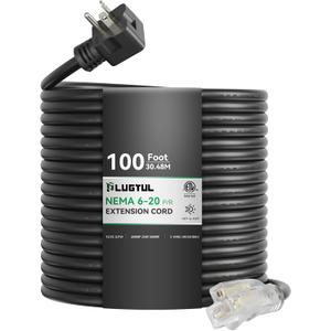PLUGTUL NEMA 620 Extension Cord 100FT, Heavy Duty Extension Cord with Lighted Outlet, 20A/250V, 12Gauge SJTW, ETL Listed, 620P to 620R (T Blade Female Adapter)  Black