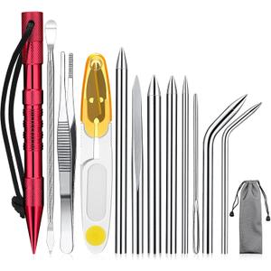 Ferraycle 12 Pcs Paracord FID Set Stainless Steel Knotter Marlinspike Set Paracord Stitching Lacing Stitching Needles and Smoothing Tool for Leather or Paracord Work (Red)