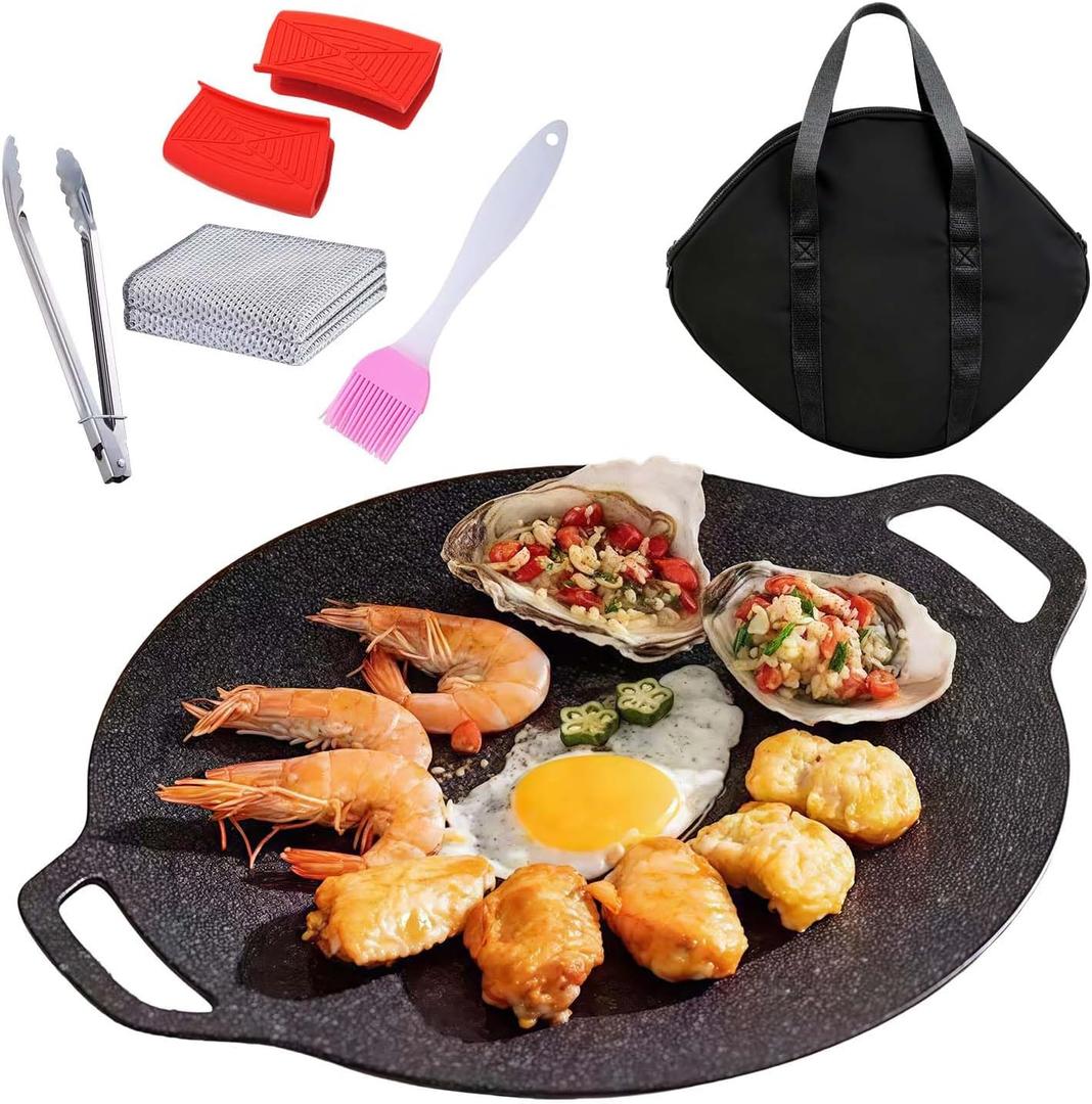 Korean Grill Pan with Nonstick 6-Layer Coating, Abnaok 13" Round BBQ Griddle with 2PCS Steel Wire Cleaning Cloth, Compatible for Induction, Gas Stove, Electric Cooktop, Indoor or Outdoor Grilling