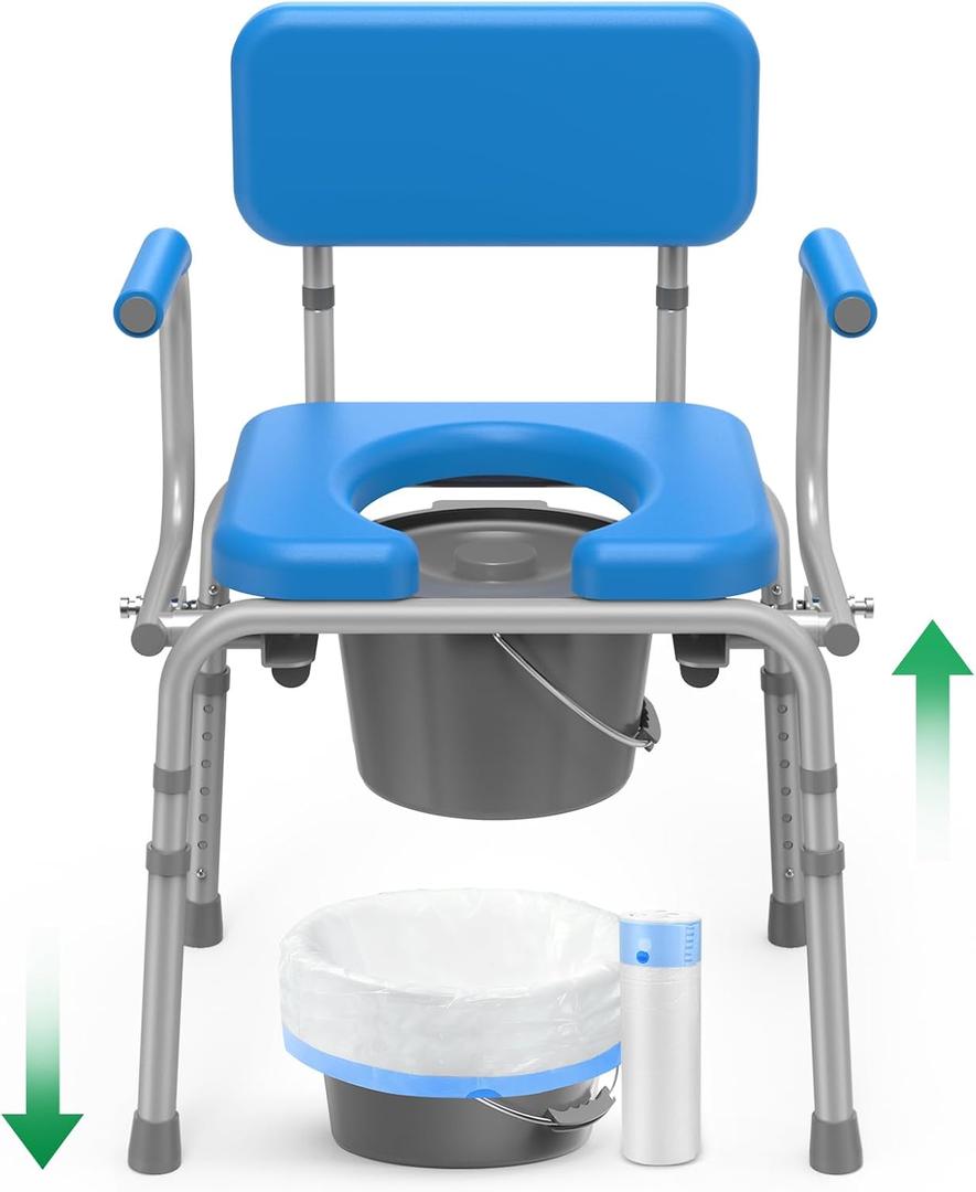 Drop Arm Bedside Commode with Linners, Commode with Padded Seat and Backrest, 500lbs Capacity, 5.81QT Removable Bucket, Adjustable Height Portable Toilet for Adults, Blue