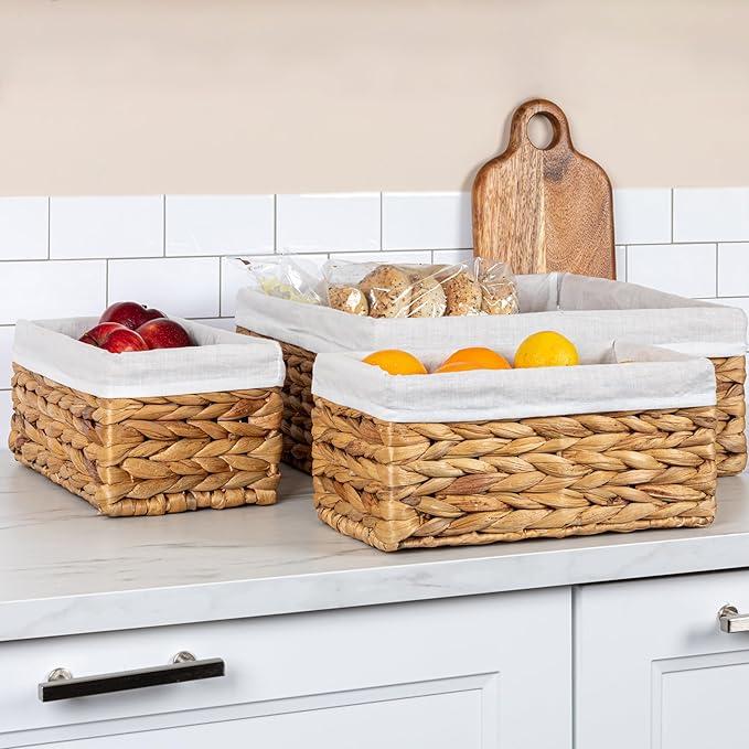 Household Essentials Wicker Basket Set, 3 Pieces, 1 Large and 2 Small Water Hyacinth Baskets for Storage and Organization